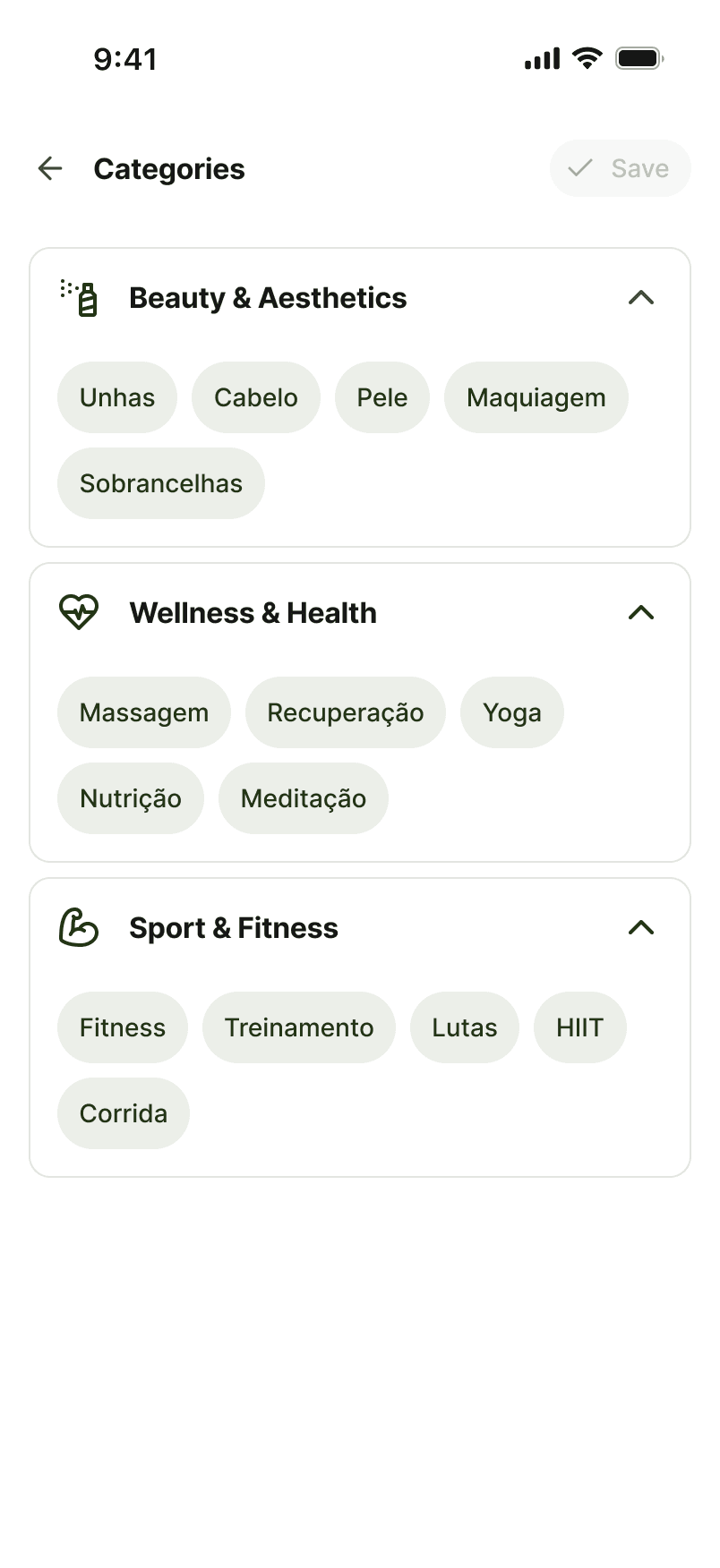 Navegando por Esporte, Beleza e Bem-estar no app Stadami