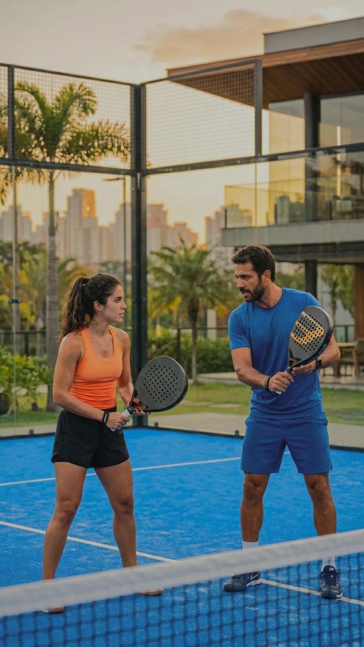 Clientes da Stadami jogando padel em uma quadra em São Paulo