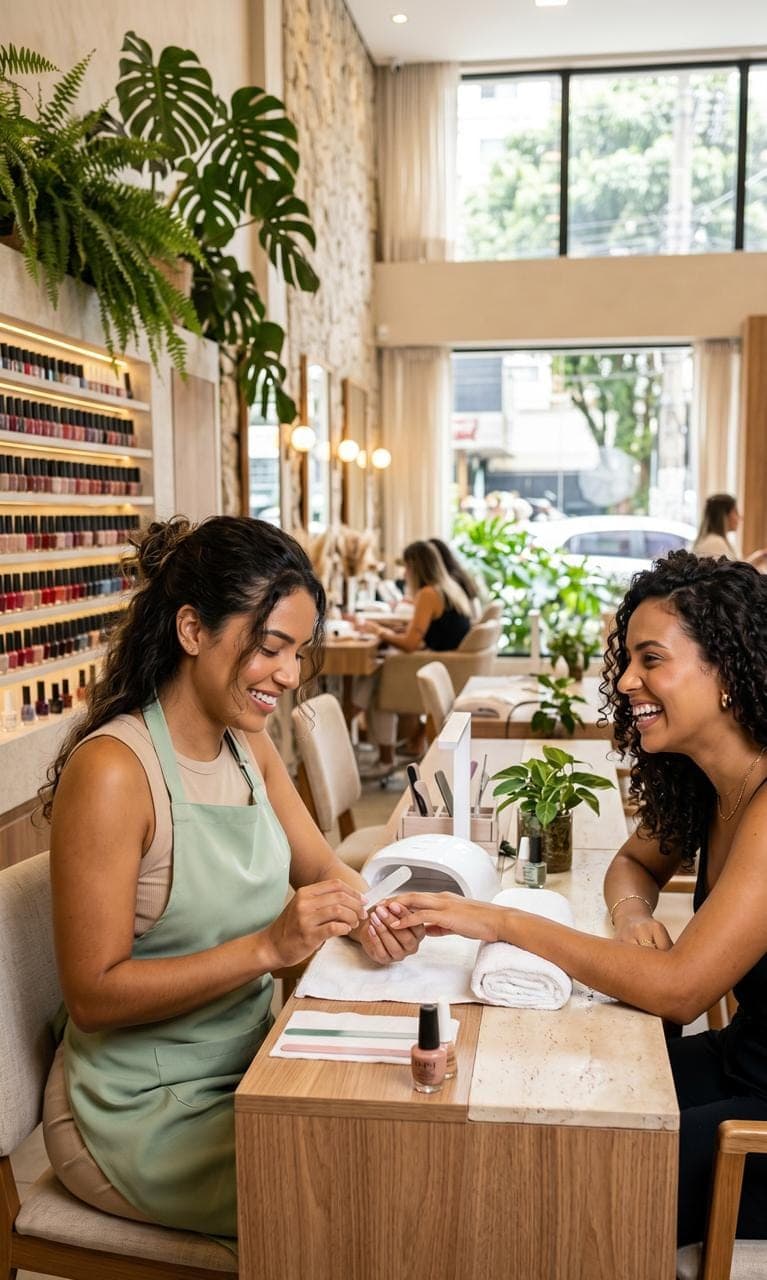 Manicure da Stadami atendendo uma cliente no salão